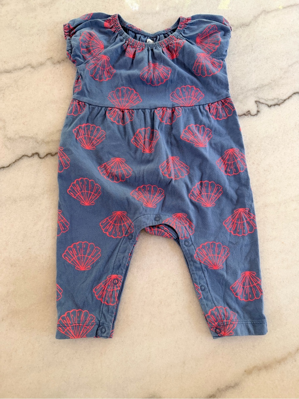 Tea Collection Blue Romper with Pink Shell Print